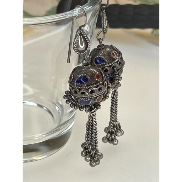 Fabulous Older Vintage Silver & Enamel Morrocan Berber Earrings - Picture 1 of 12